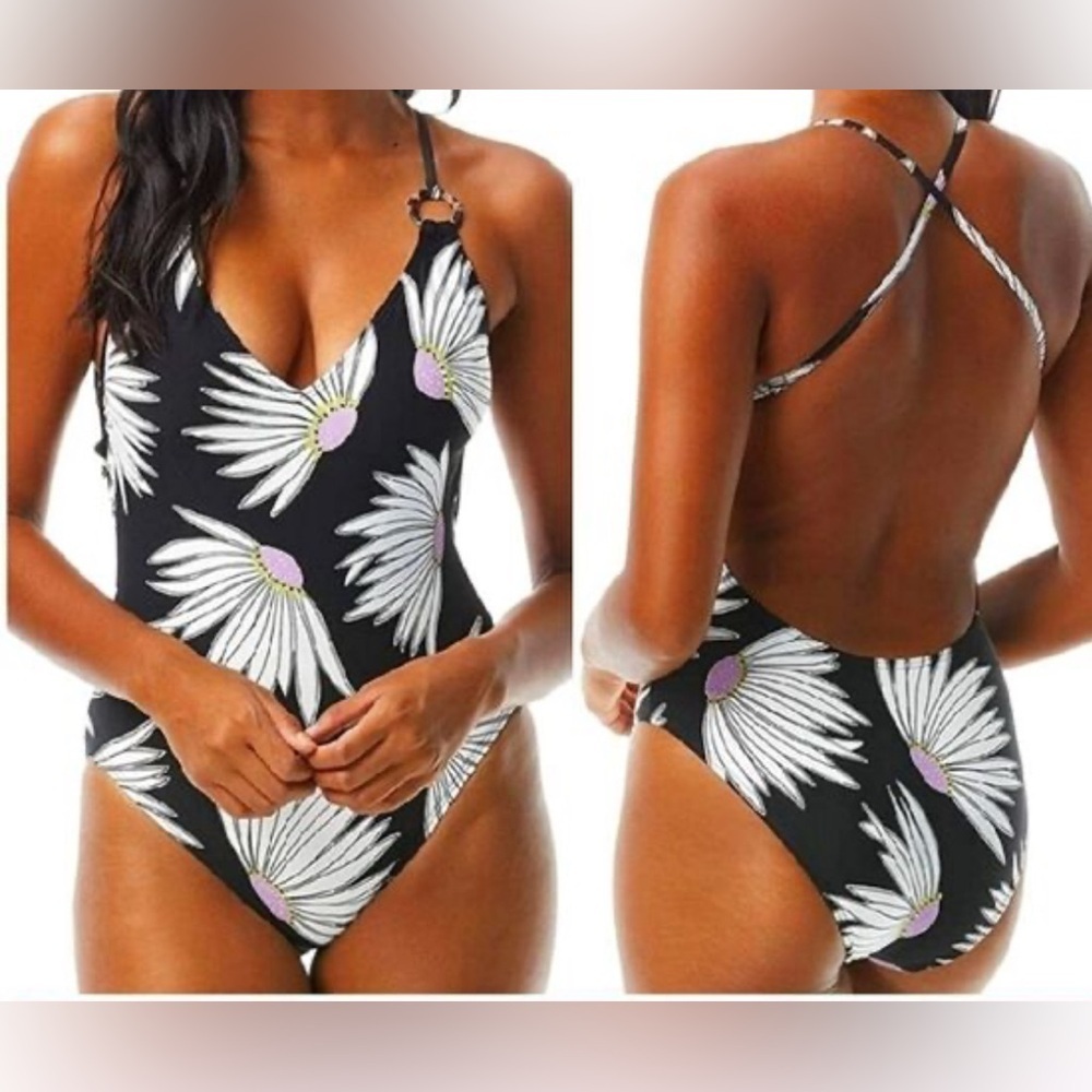 Kate Spade Falling Flower Plunging V-Neck One-Piece Swimsuit Black Size Medium